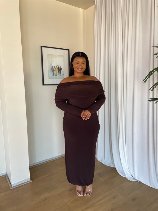 2XL | Chocolate Brown Bardot Sculpted Dress with Long Sleeves