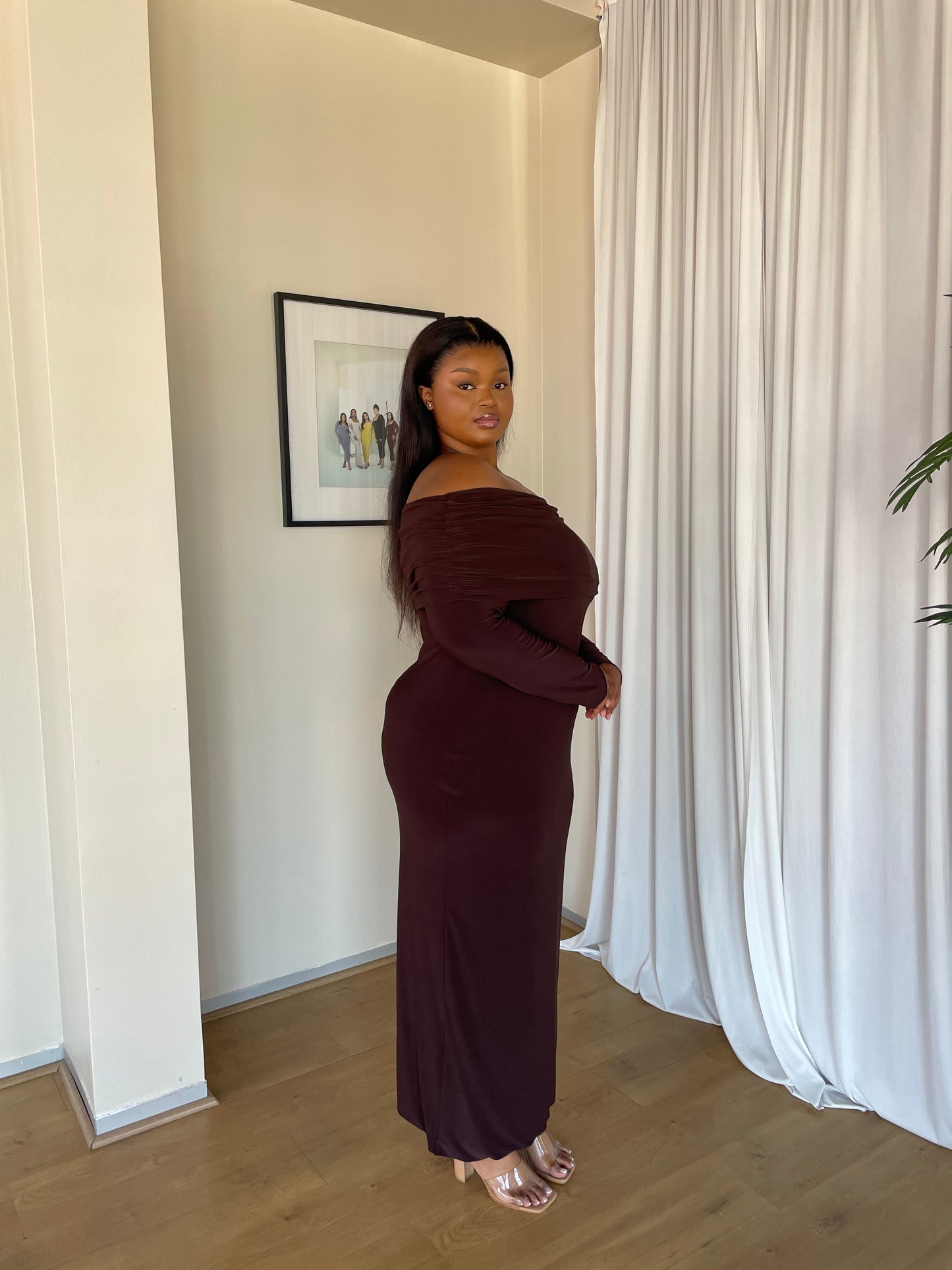 2XL | Chocolate Brown Bardot Sculpted Dress with Long Sleeves