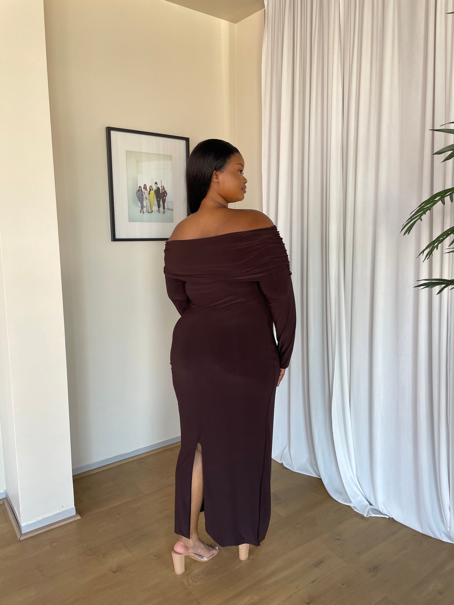 2XL | Chocolate Brown Bardot Sculpted Dress with Long Sleeves