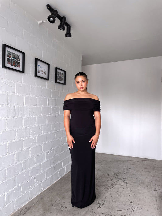 Extra Small: Black Off-shoulder Bardot Sculpted Dress