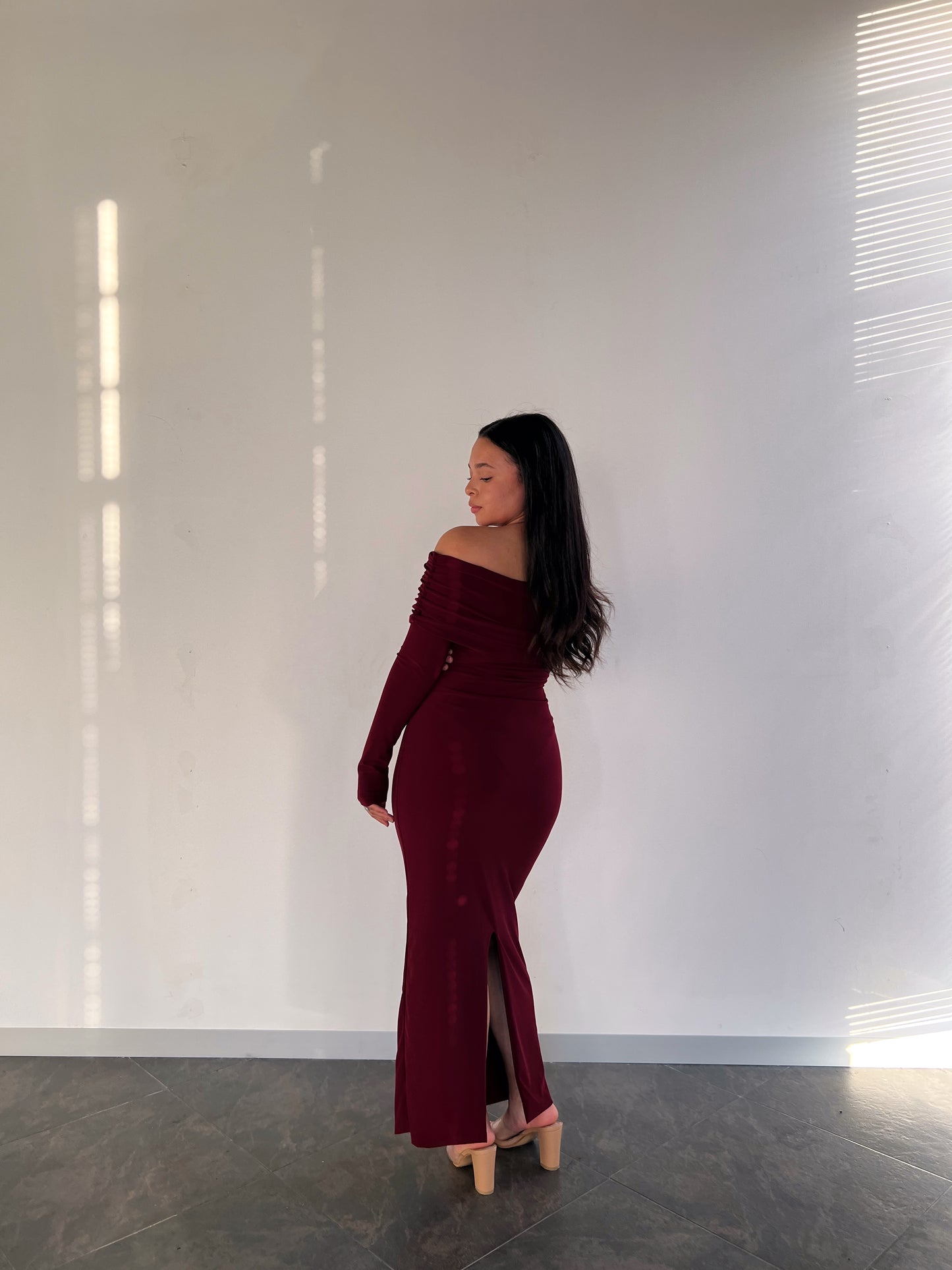 S | Maroon Bardot Sculpted Dress with Long Sleeves