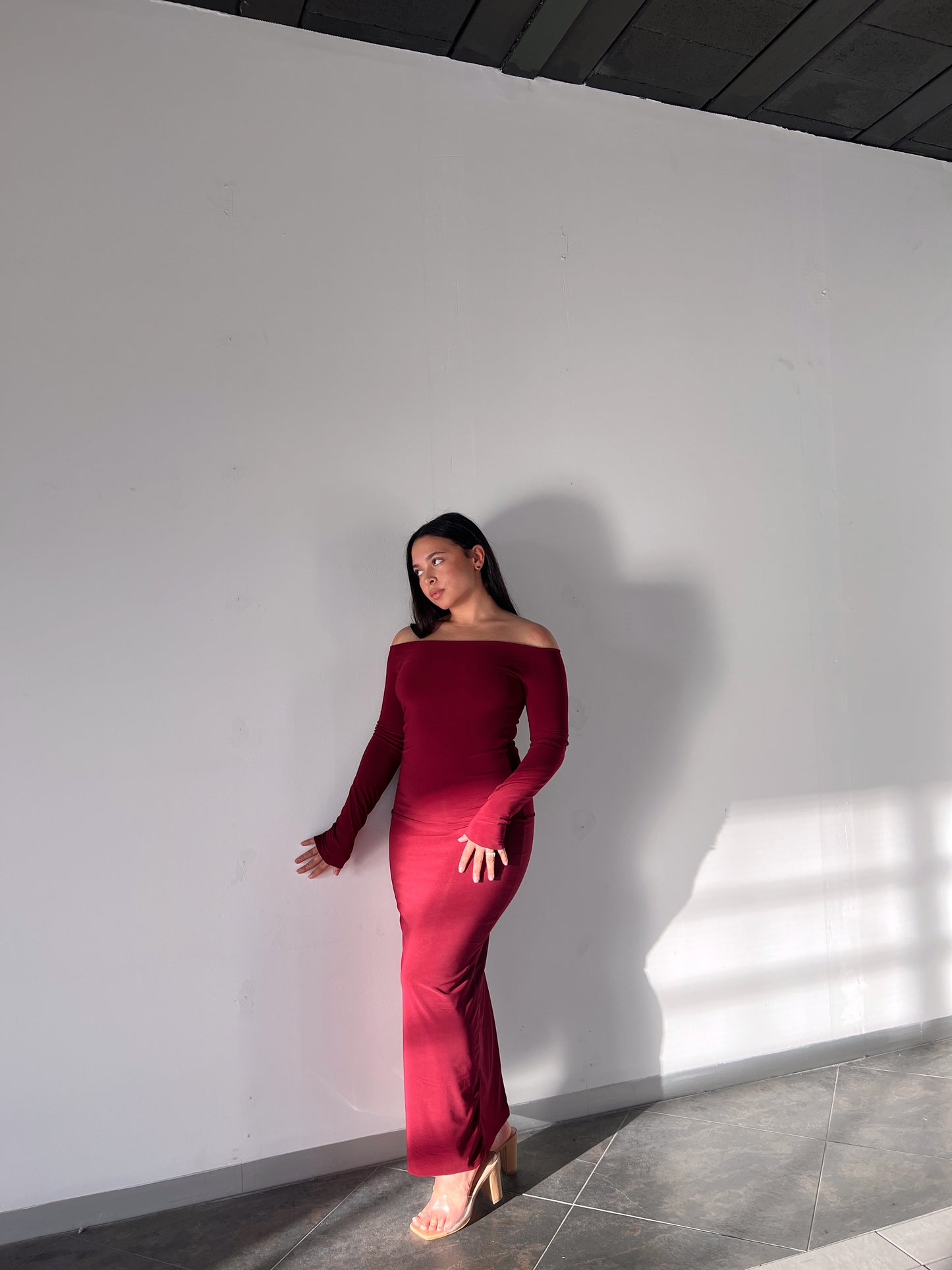 Maroon Smooth Off-shoulder Sculpted Dress