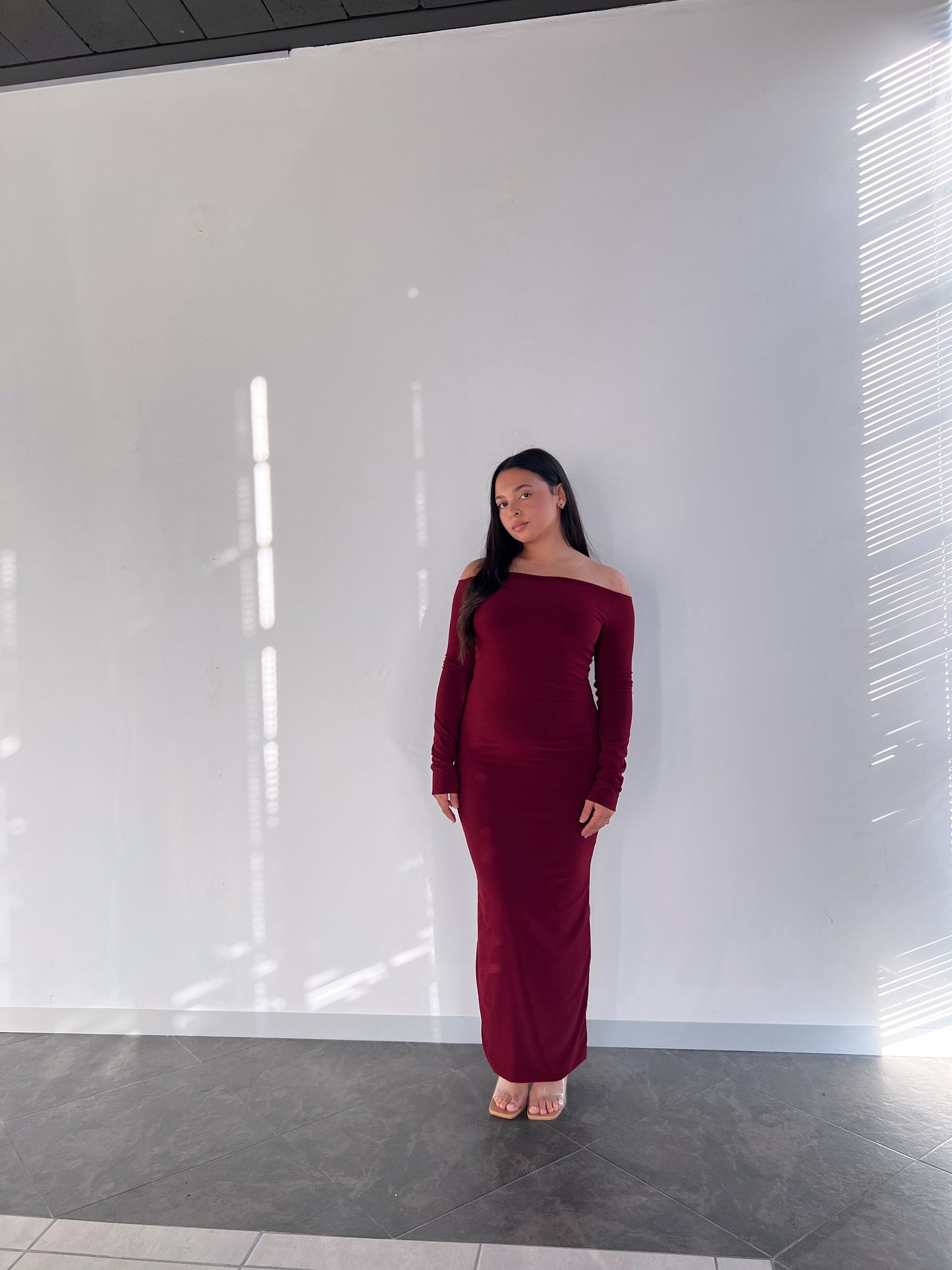 Maroon Smooth Off-shoulder Sculpted Dress