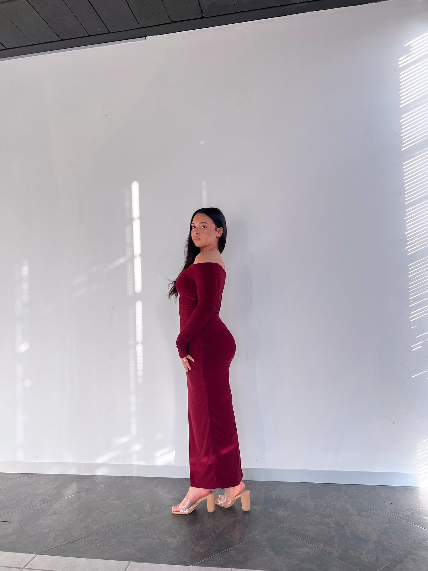 Maroon Smooth Off-shoulder Sculpted Dress
