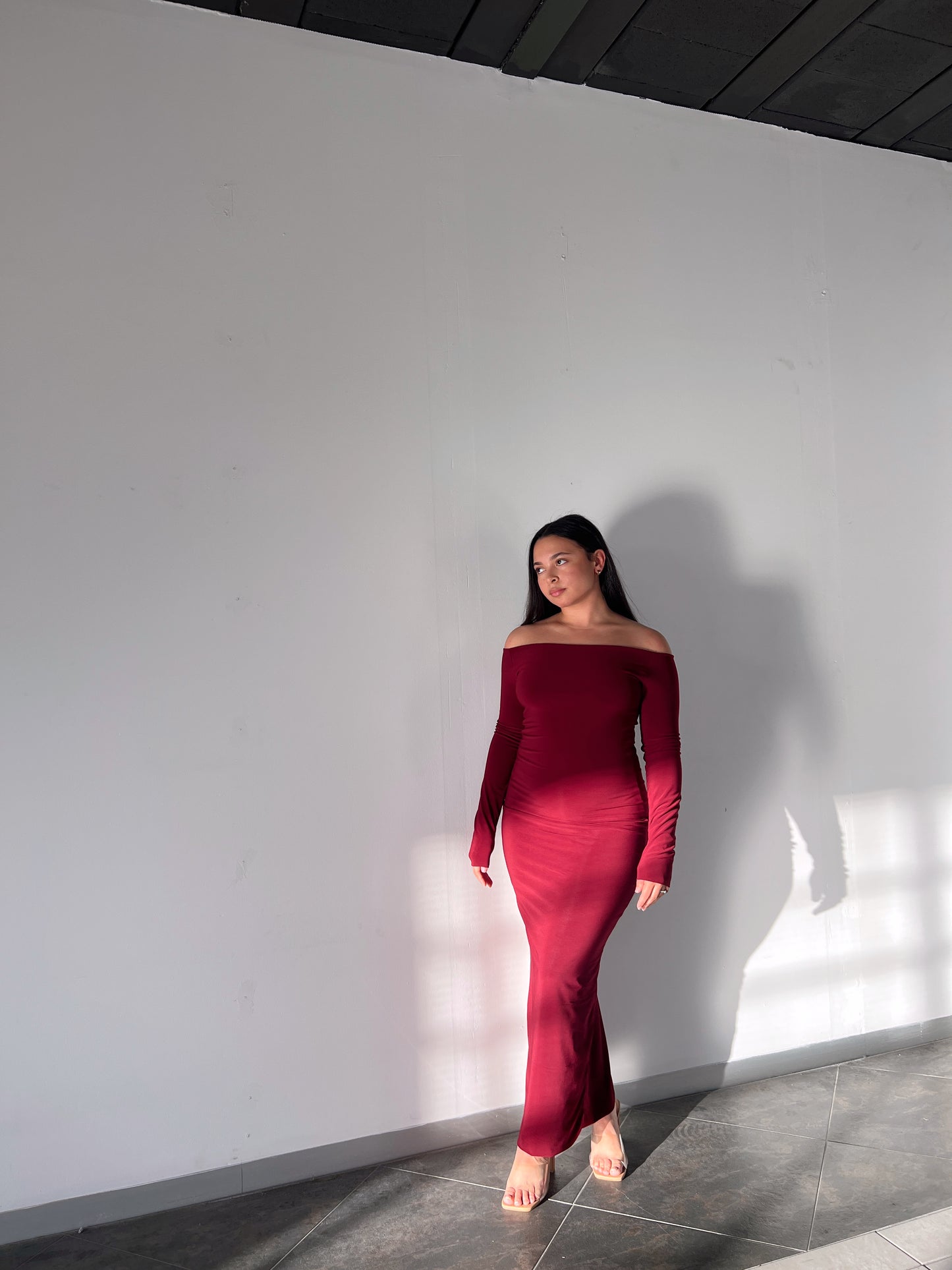 Maroon Smooth Off-shoulder Sculpted Dress