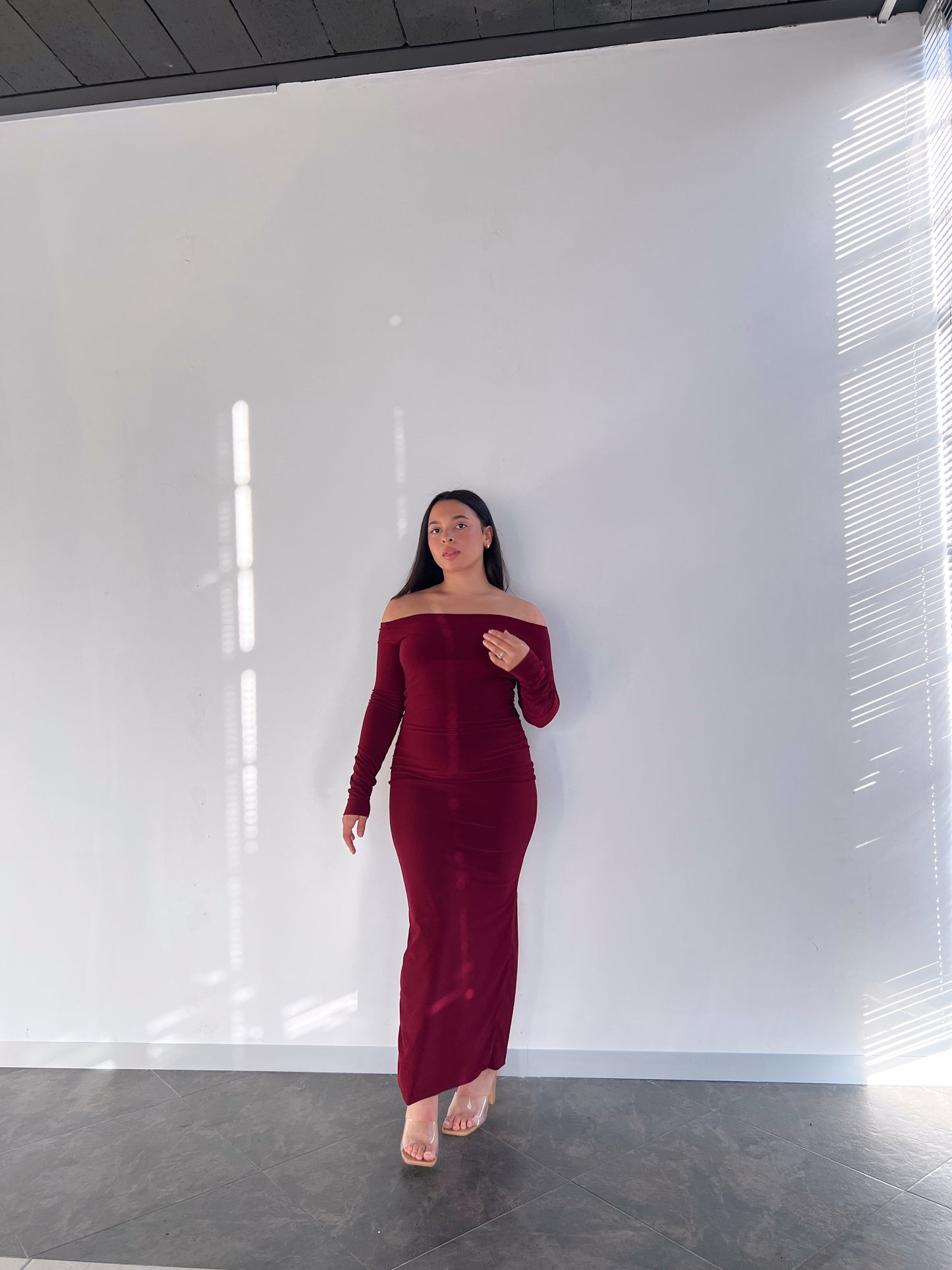 Maroon Smooth Off-shoulder Sculpted Dress