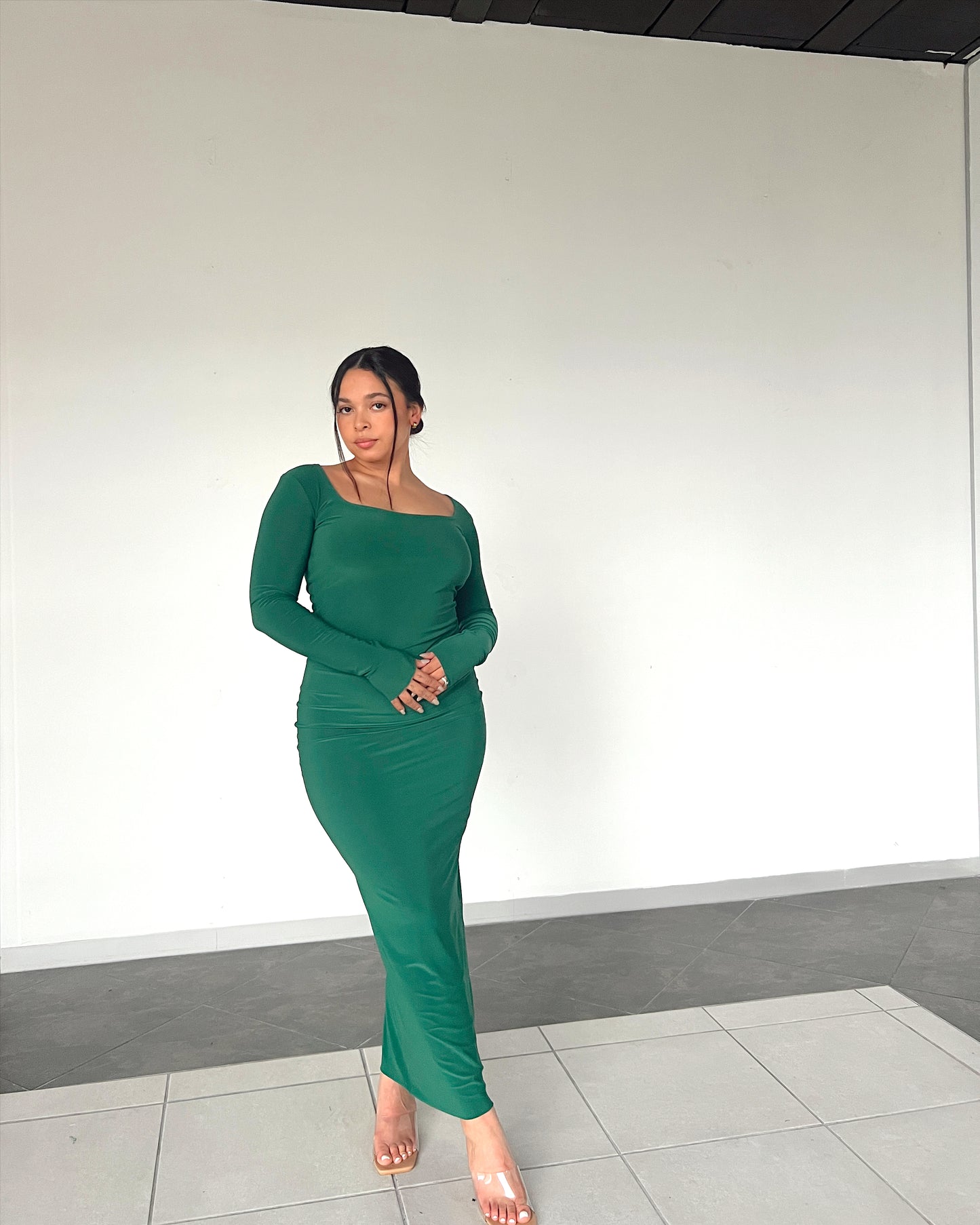 Deep Green Long-sleeved Sculpted Dress