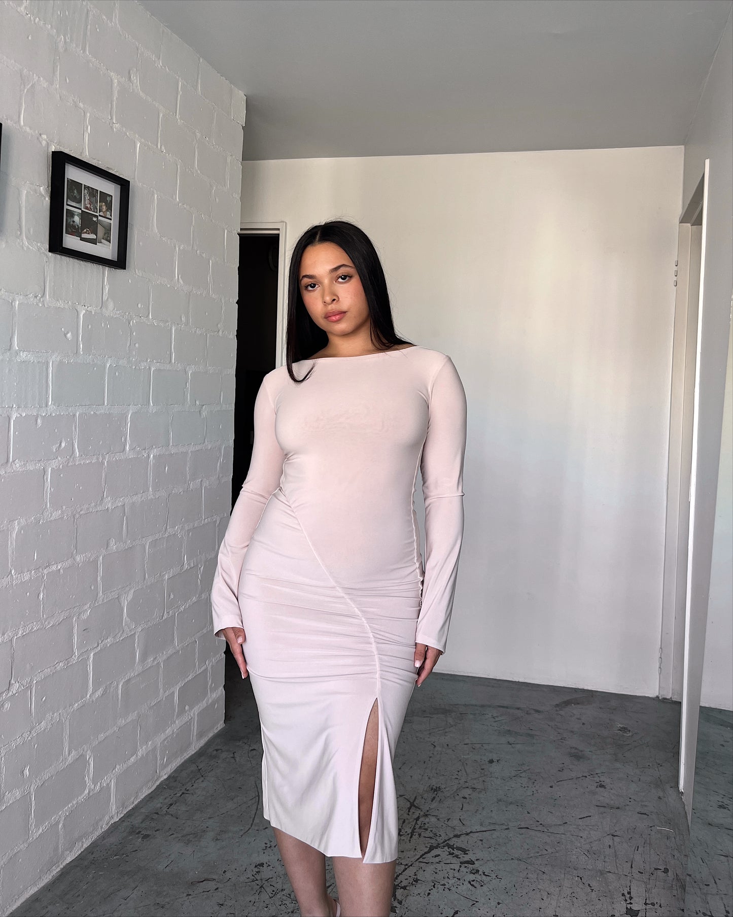 Tan Ruched Slit Dress