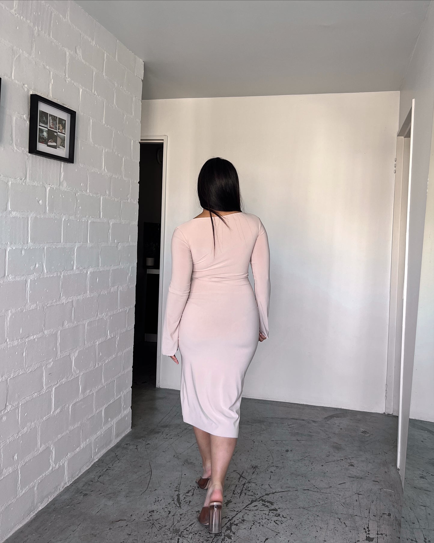 Tan Ruched Slit Dress