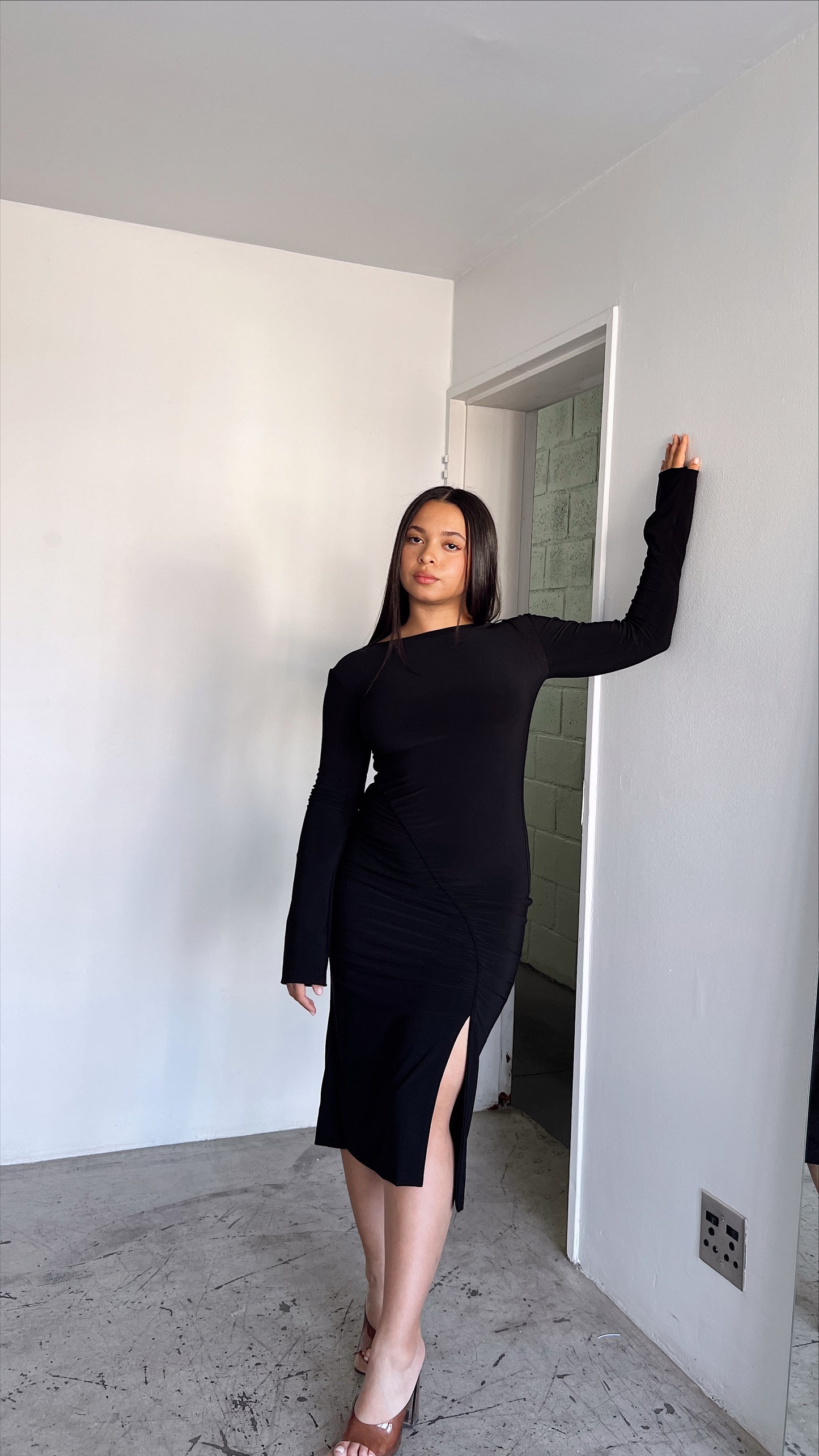 Black Ruched Slit Dress