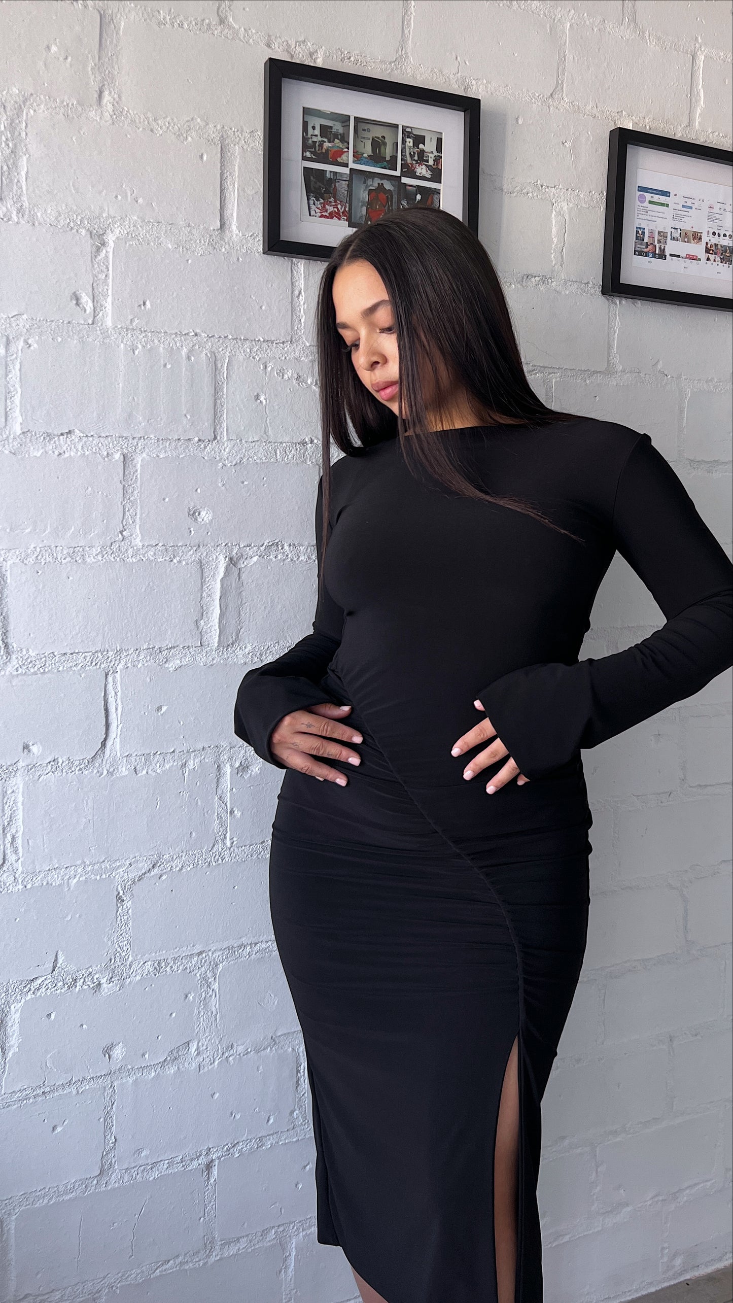 Black Ruched Slit Dress