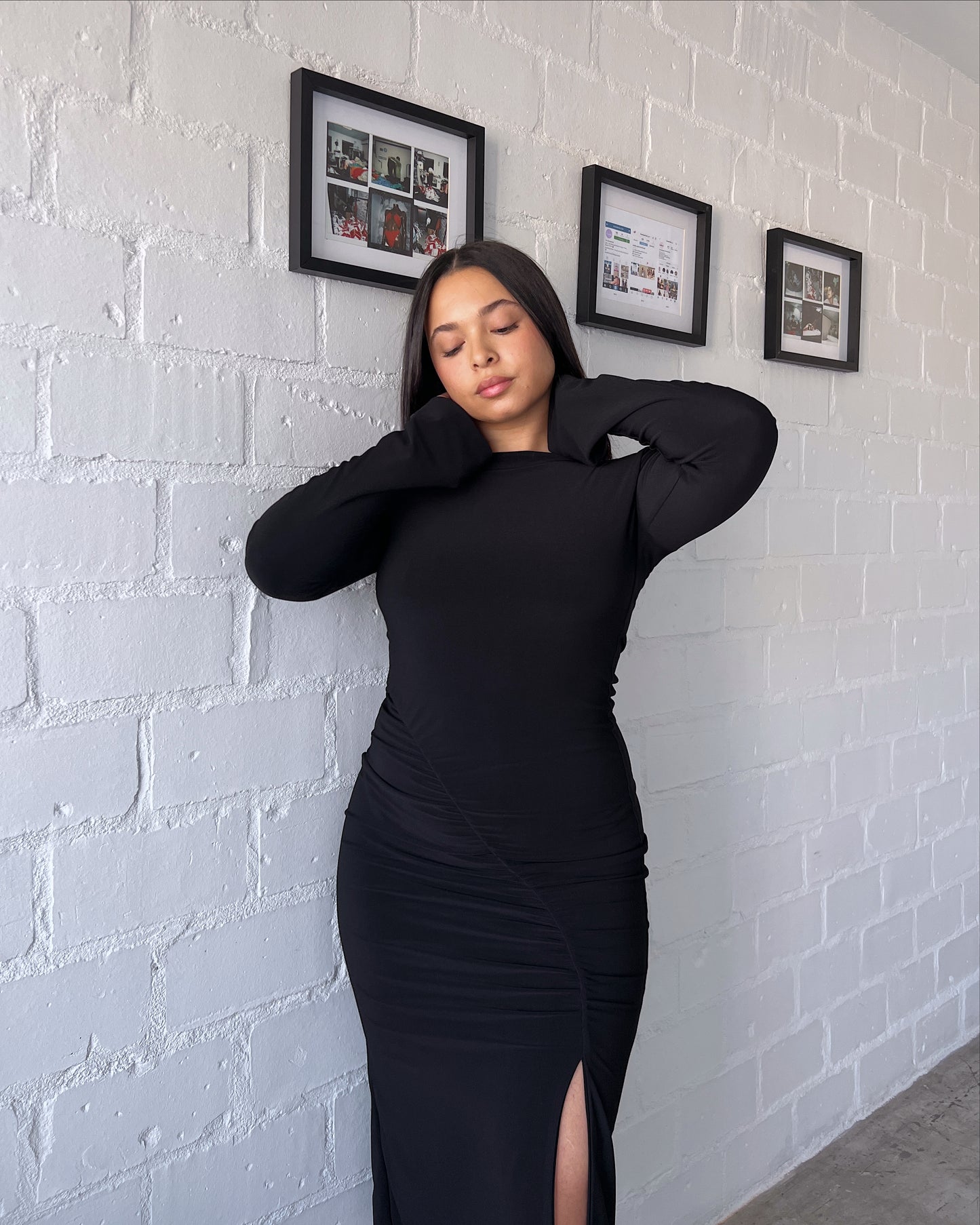 Black Ruched Slit Dress