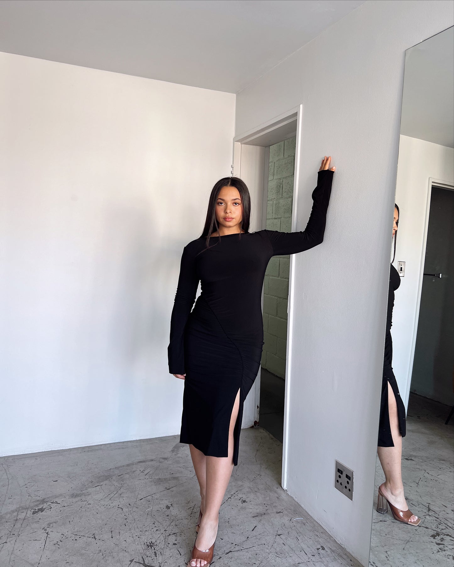 Black Ruched Slit Dress