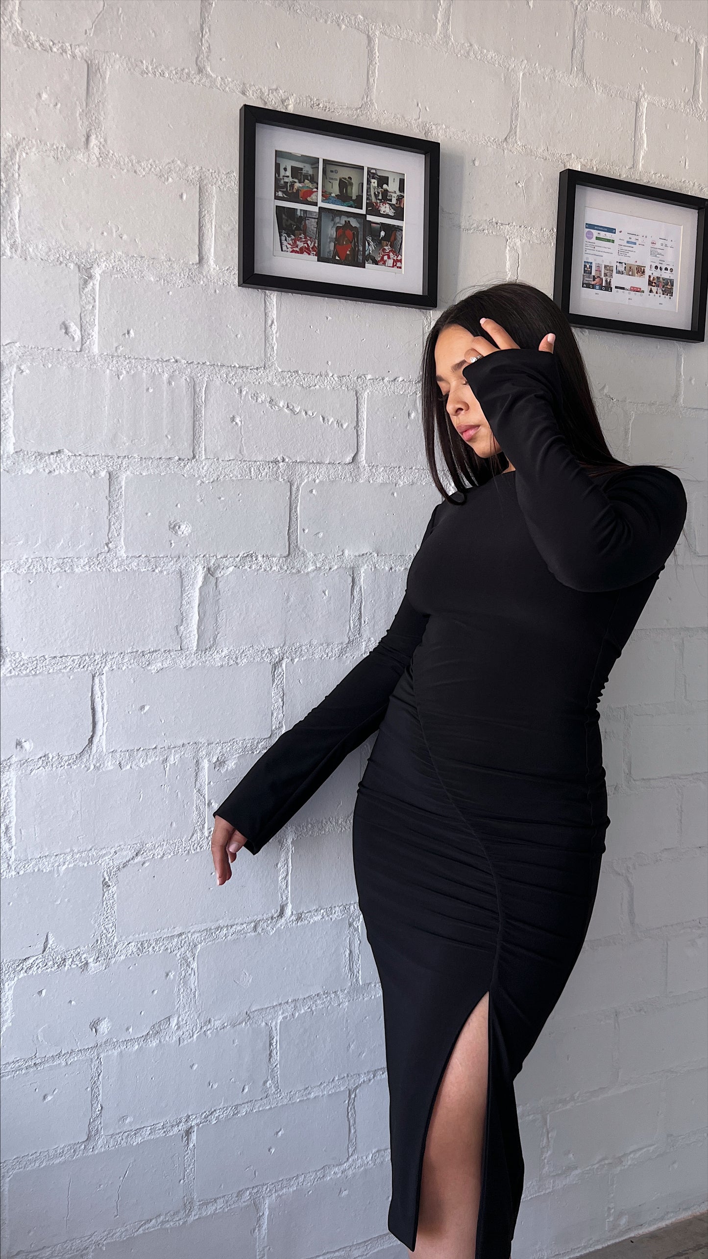 Black Ruched Slit Dress