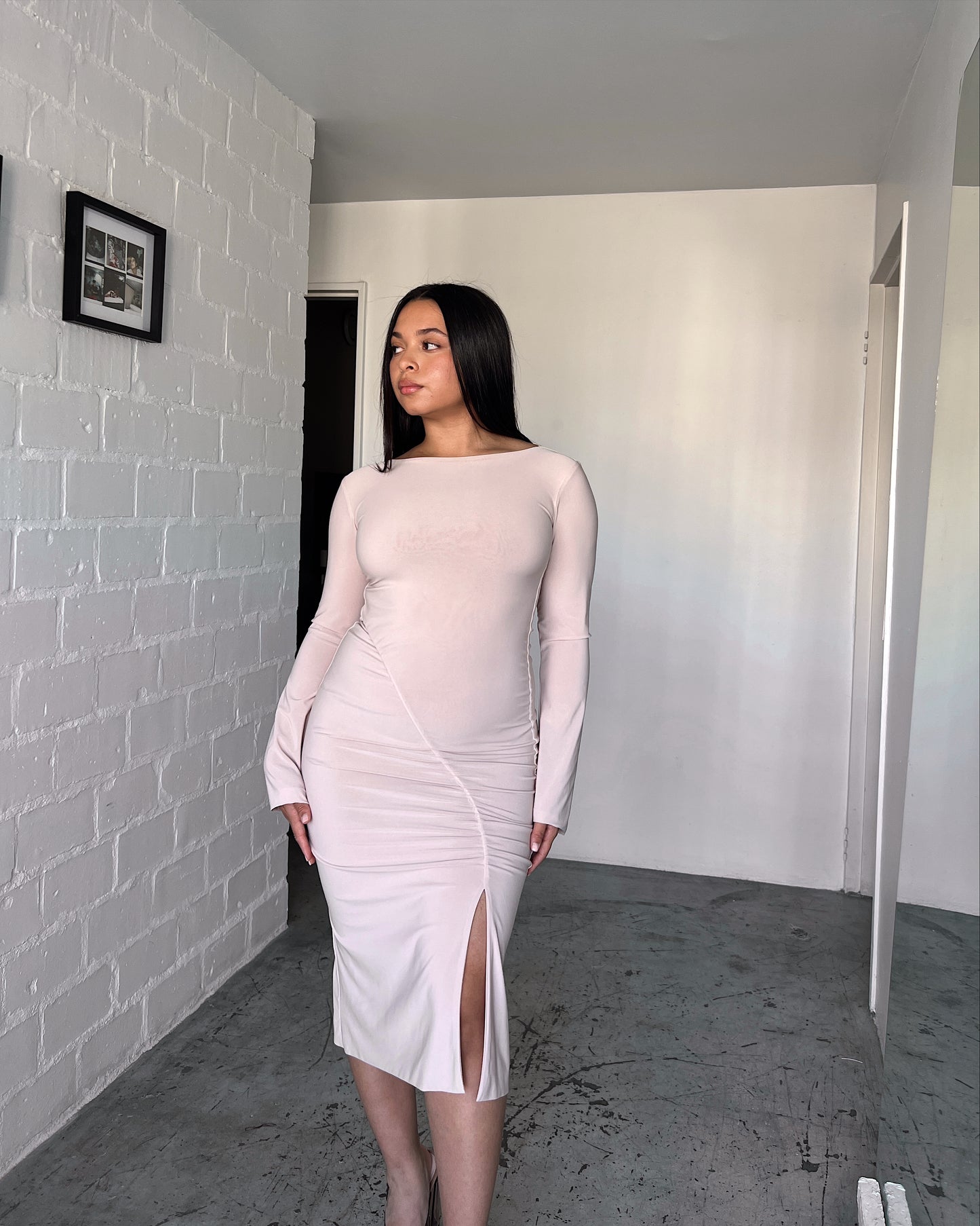 Tan Ruched Slit Dress