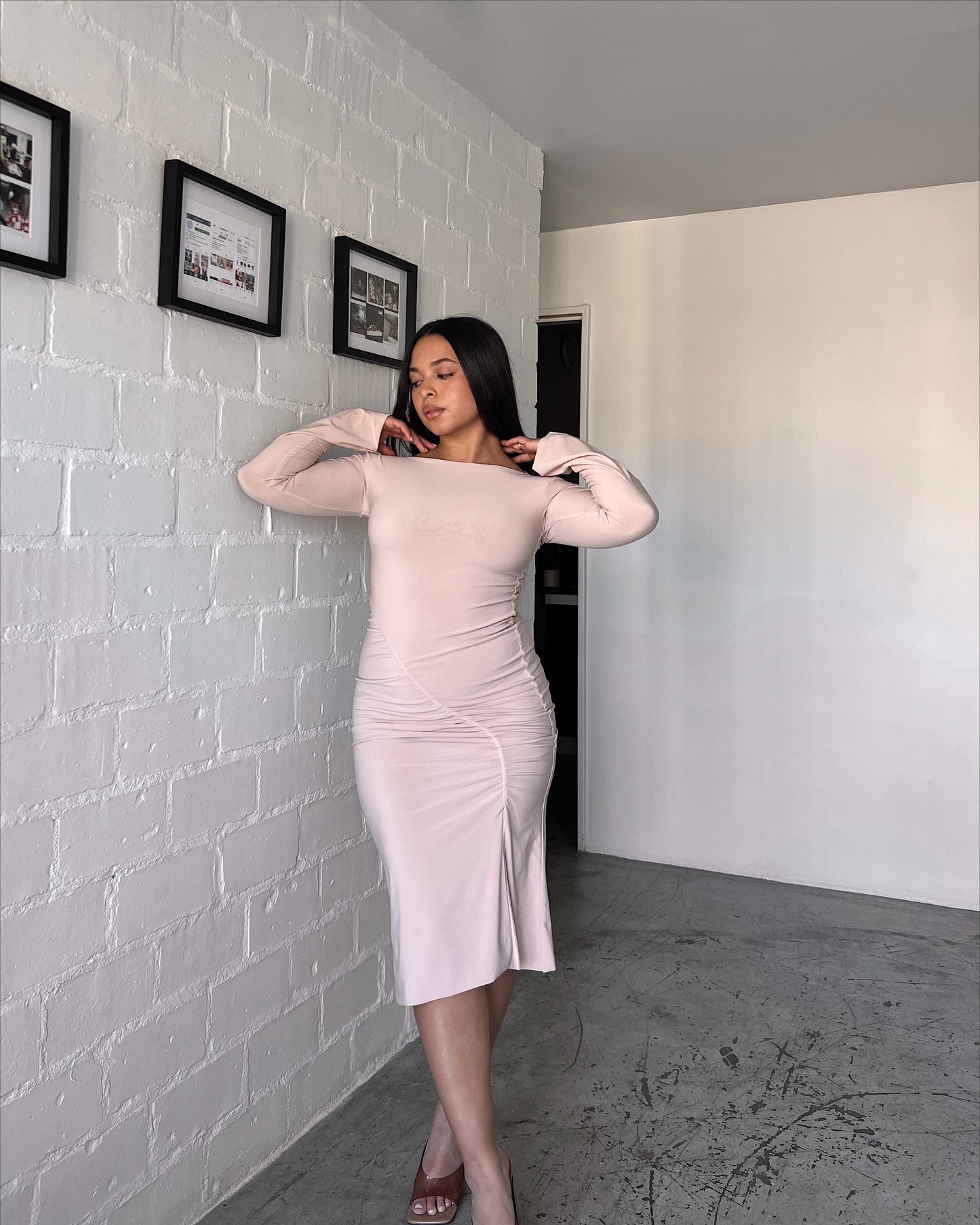 Tan Ruched Slit Dress
