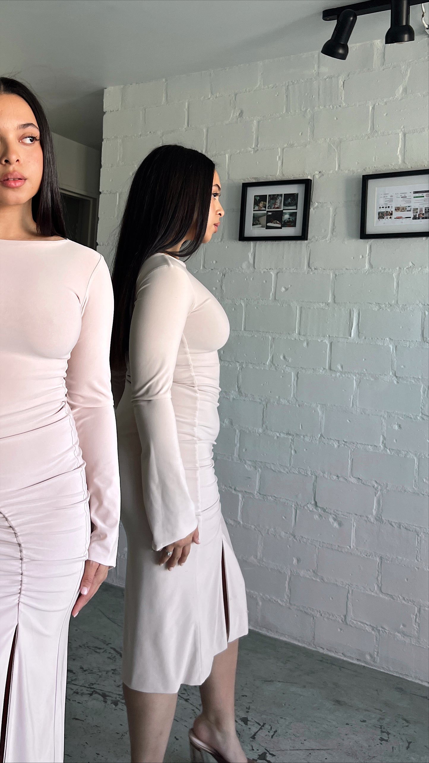 Tan Ruched Slit Dress