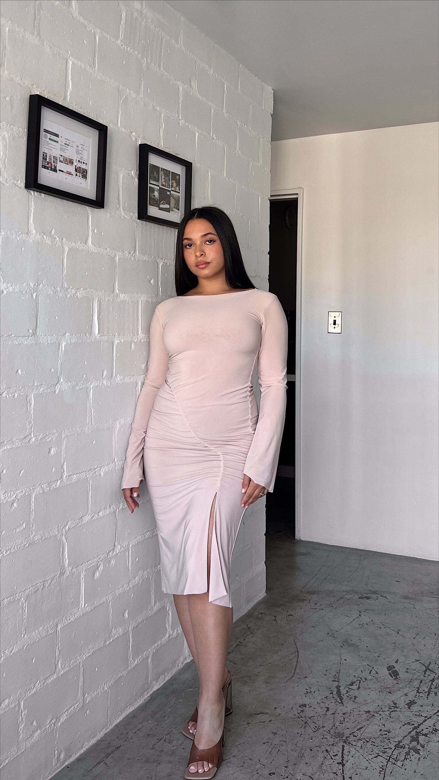 Tan Ruched Slit Dress