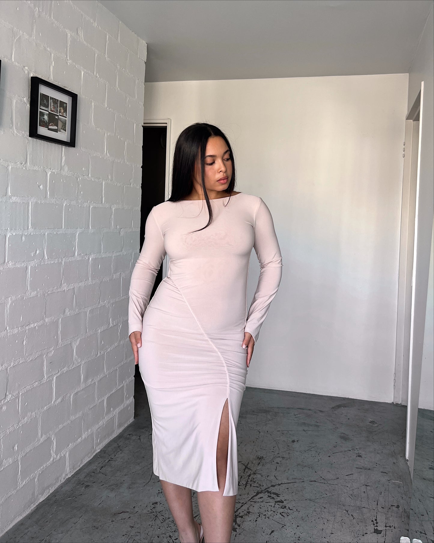 Tan Ruched Slit Dress