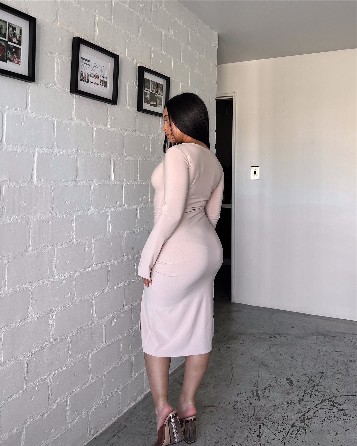 Tan Ruched Slit Dress