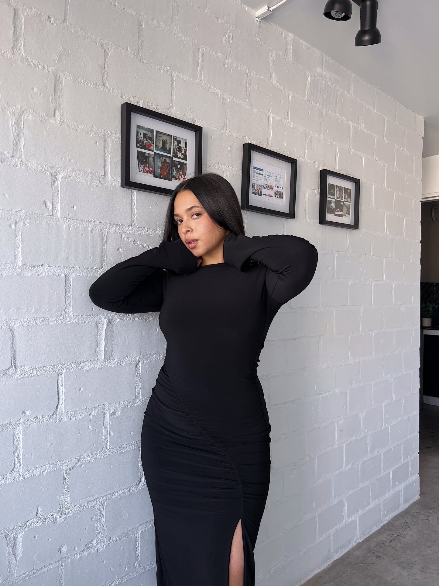 Black Ruched Slit Dress