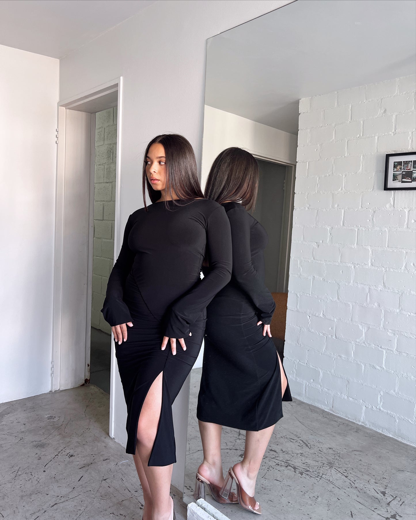 Black Ruched Slit Dress
