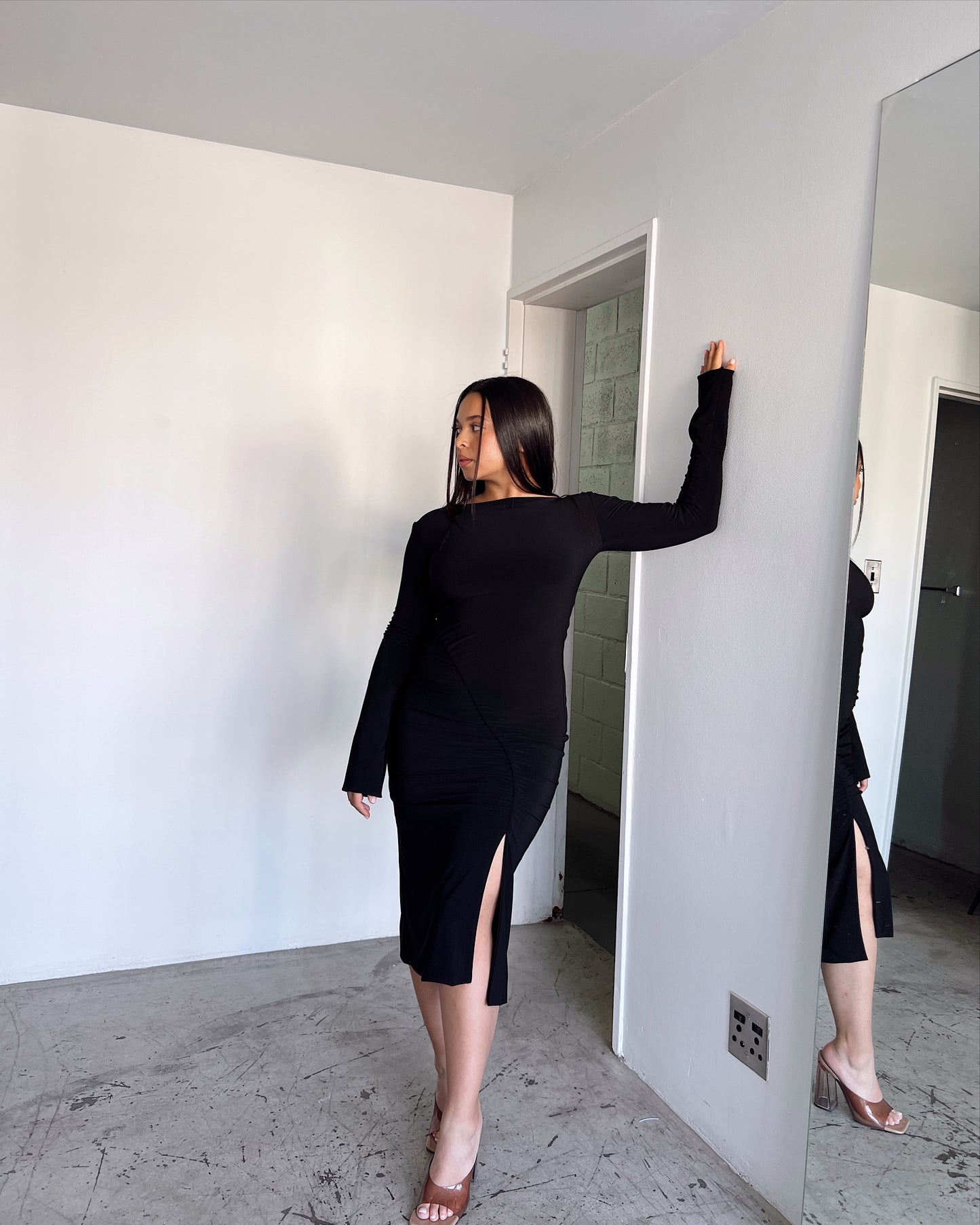 Black Ruched Slit Dress