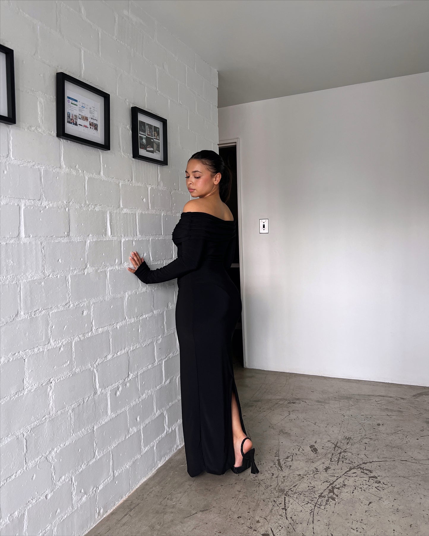 Black Bardot Sculpted Dress with Long Sleeves