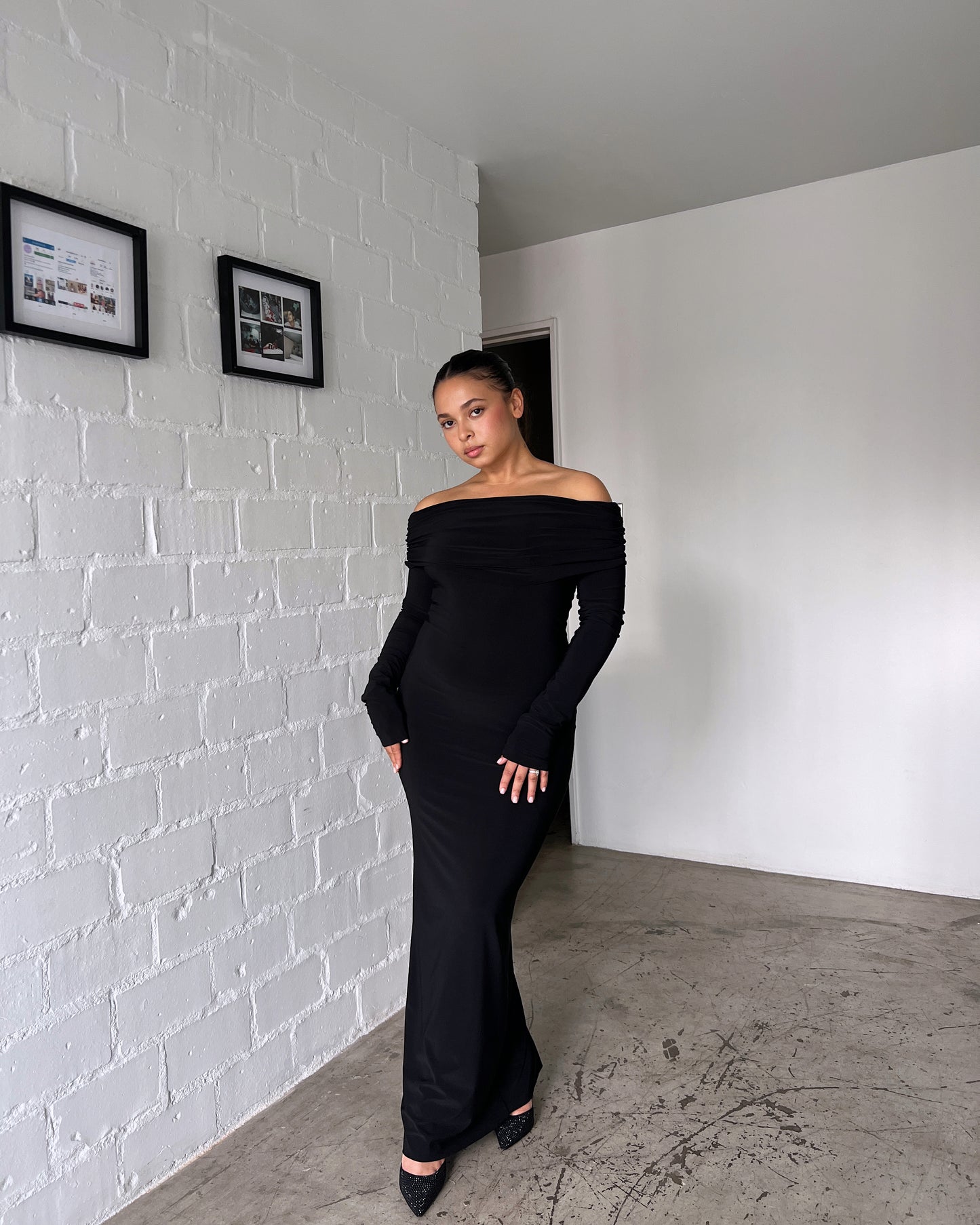 Black Bardot Sculpted Dress with Long Sleeves