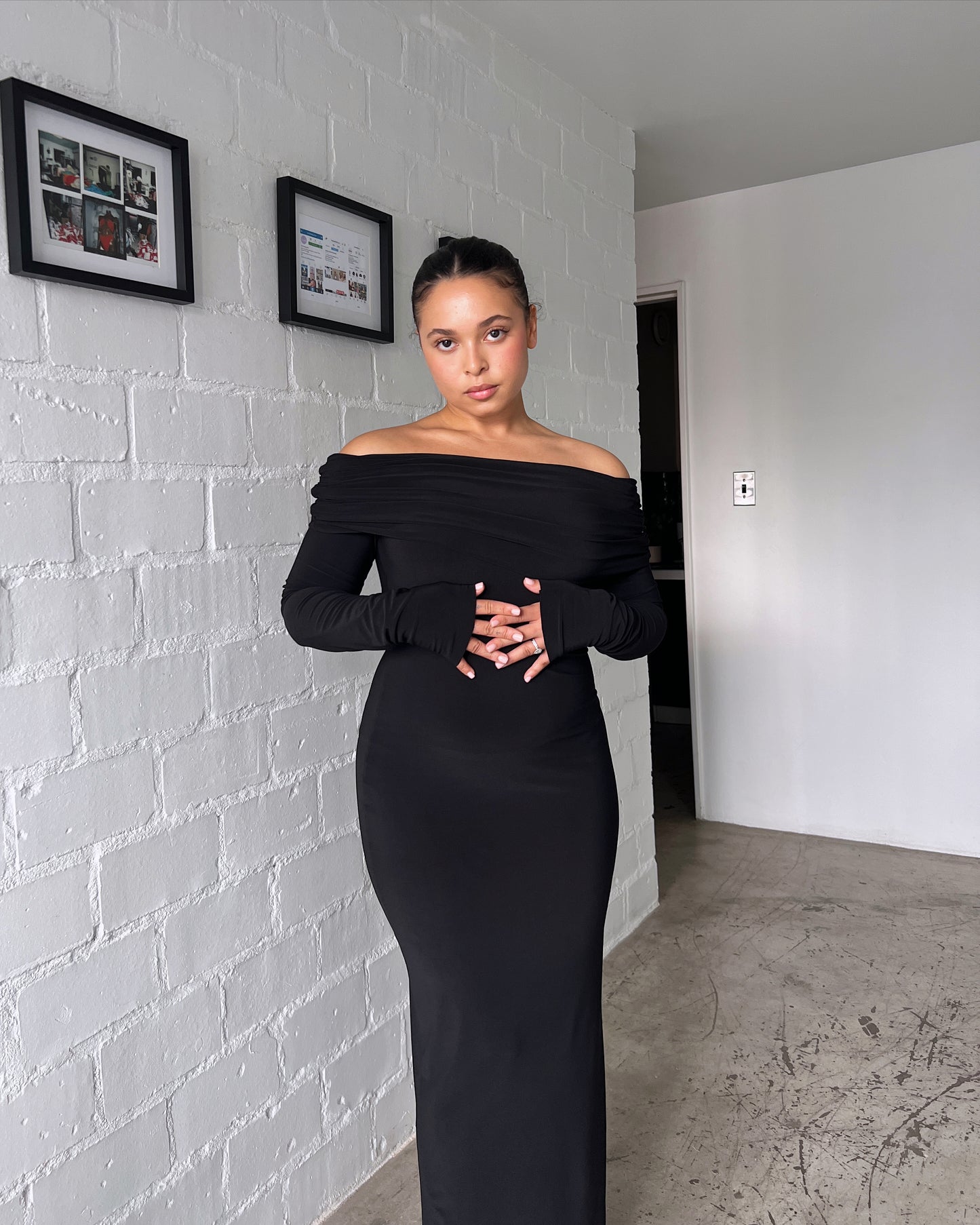 Black Bardot Sculpted Dress with Long Sleeves