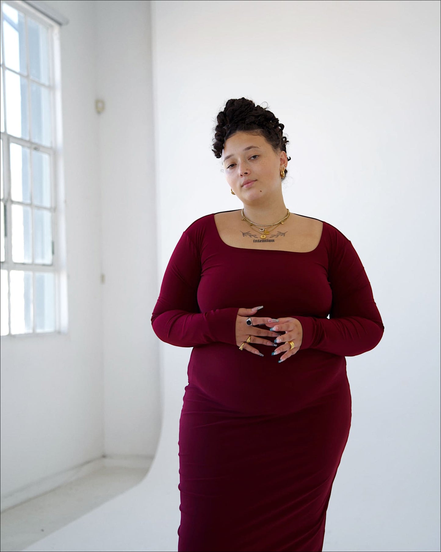Maroon Long-sleeved Sculpted Dress