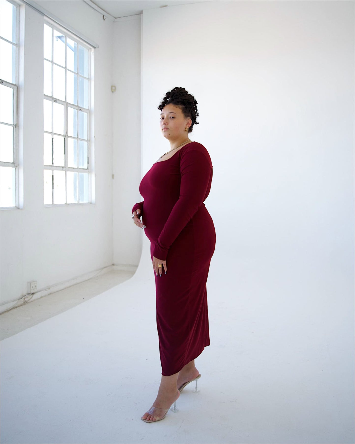 Maroon Long-sleeved Sculpted Dress