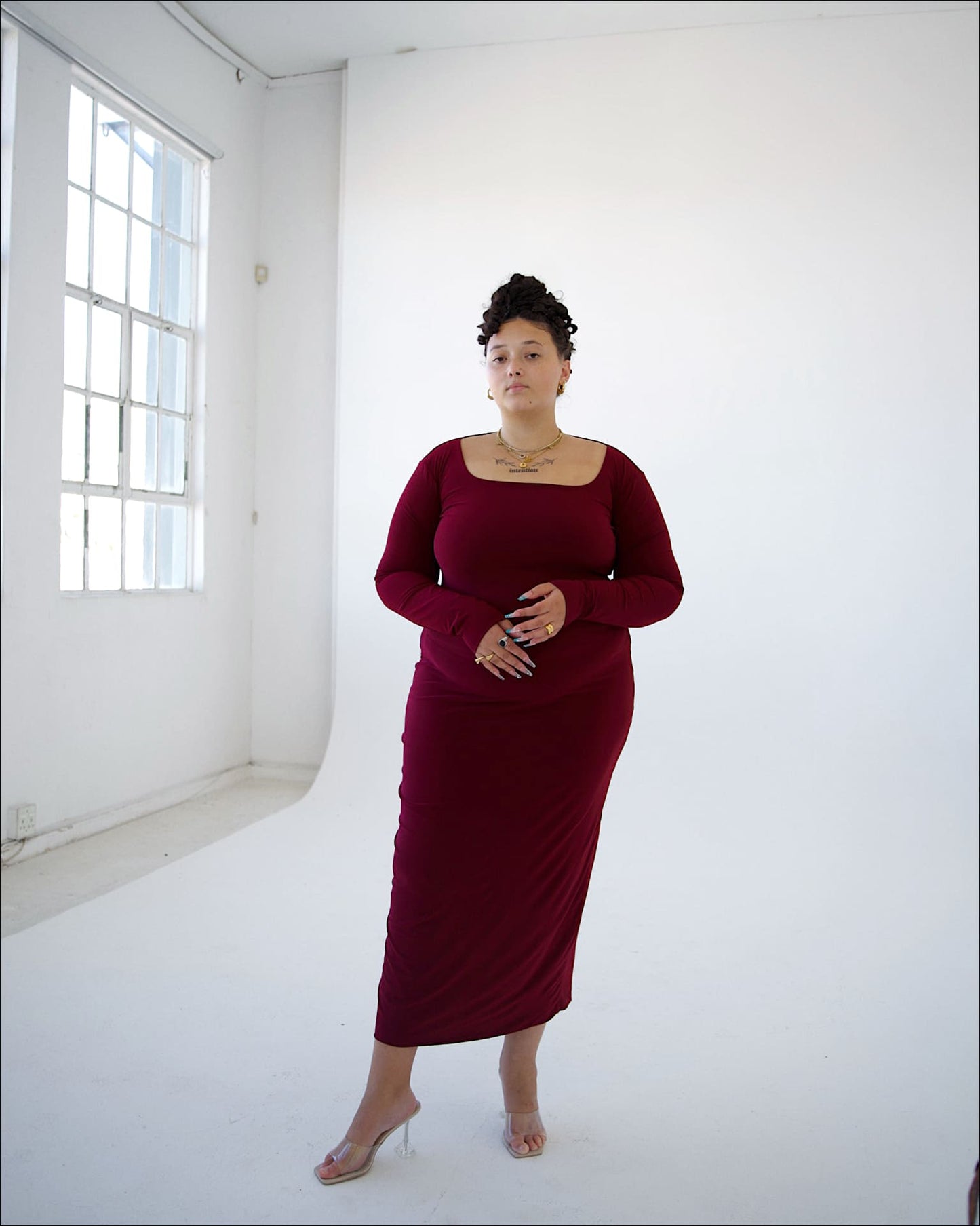 Maroon Long-sleeved Sculpted Dress
