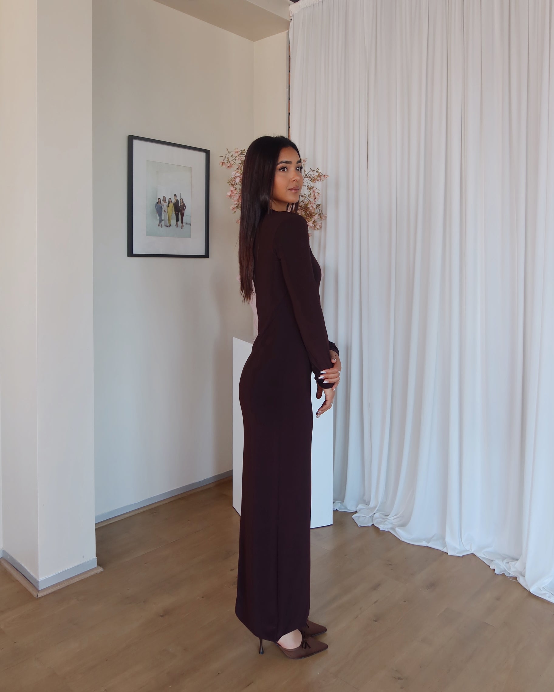 Chocolate Brown Crew-Neck Sculpted Dress with Long Sleeves