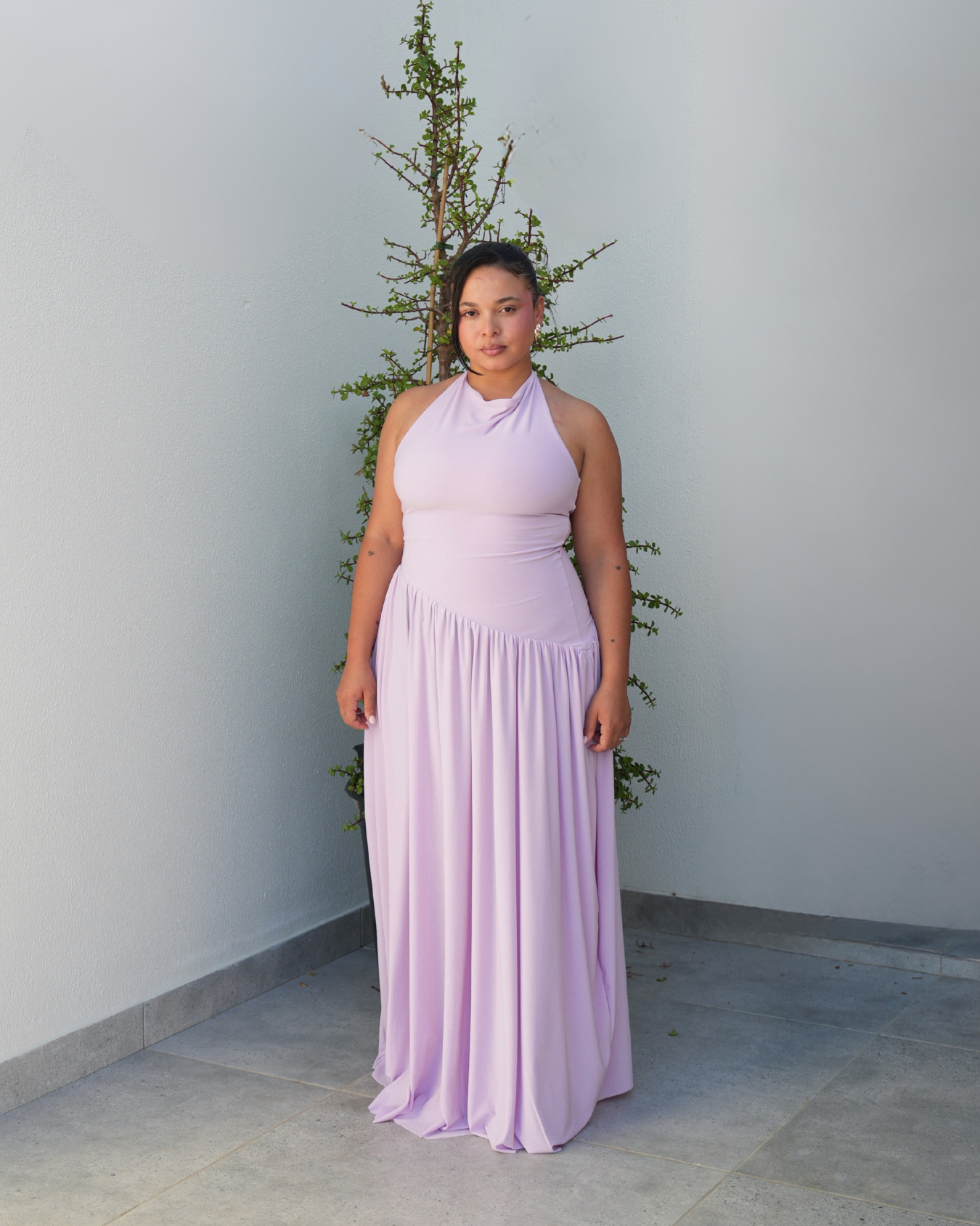 Light Lilac Halter Dress with Dropped Asymmetrical Waistline