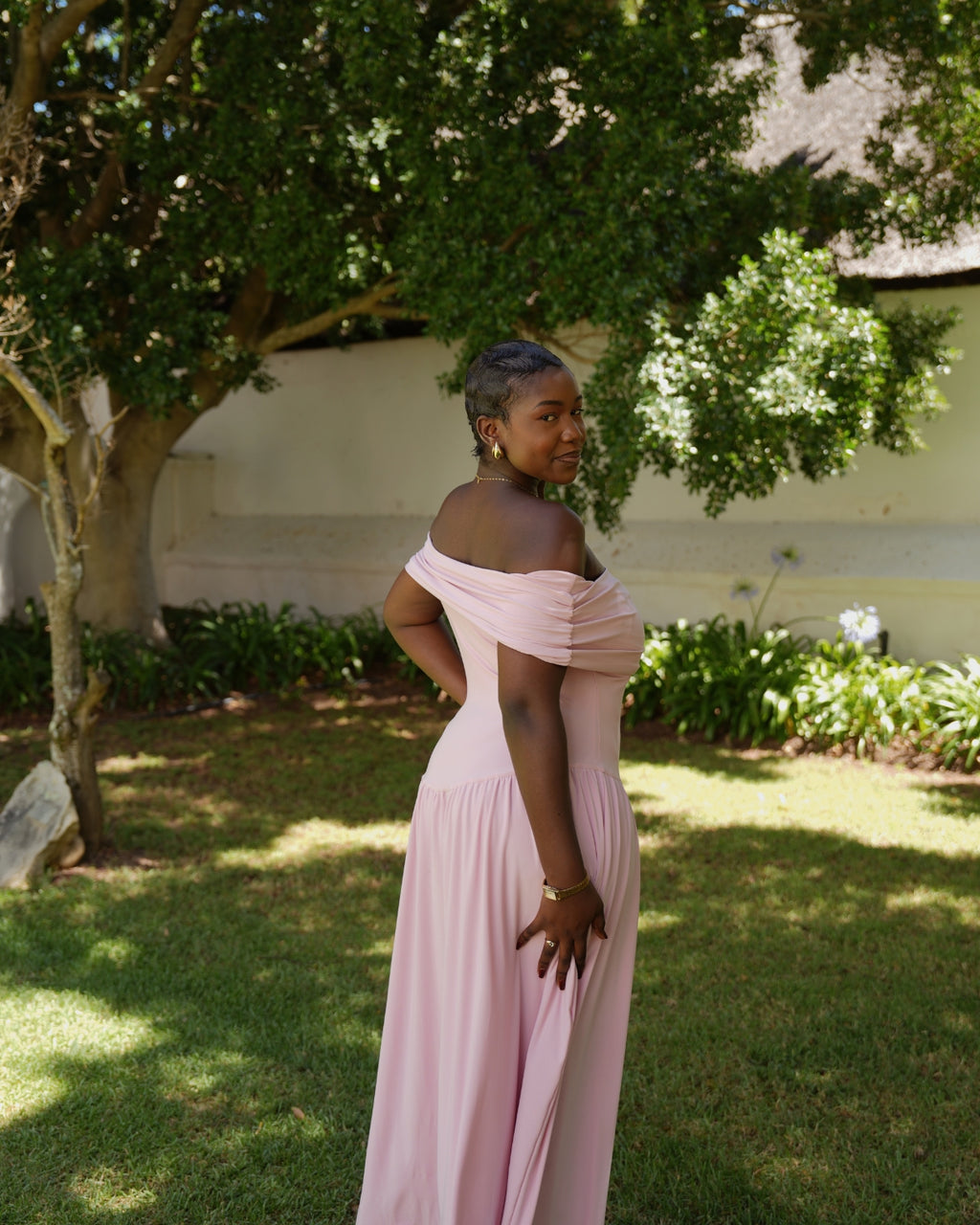 Baby Pink Off-Shoulder Drop Waist Dress