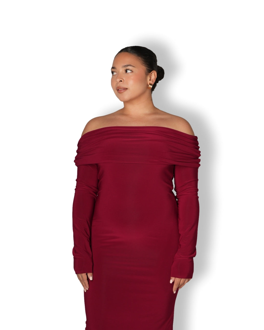 Maroon Bardot Sculpted Dress with Long Sleeves