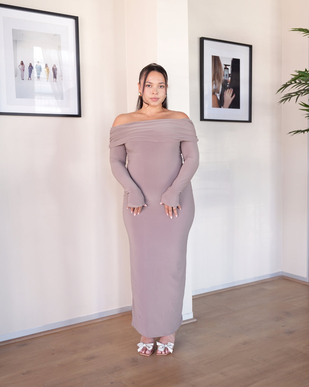 Mocha Bardot Sculpted Dress with Long Sleeves