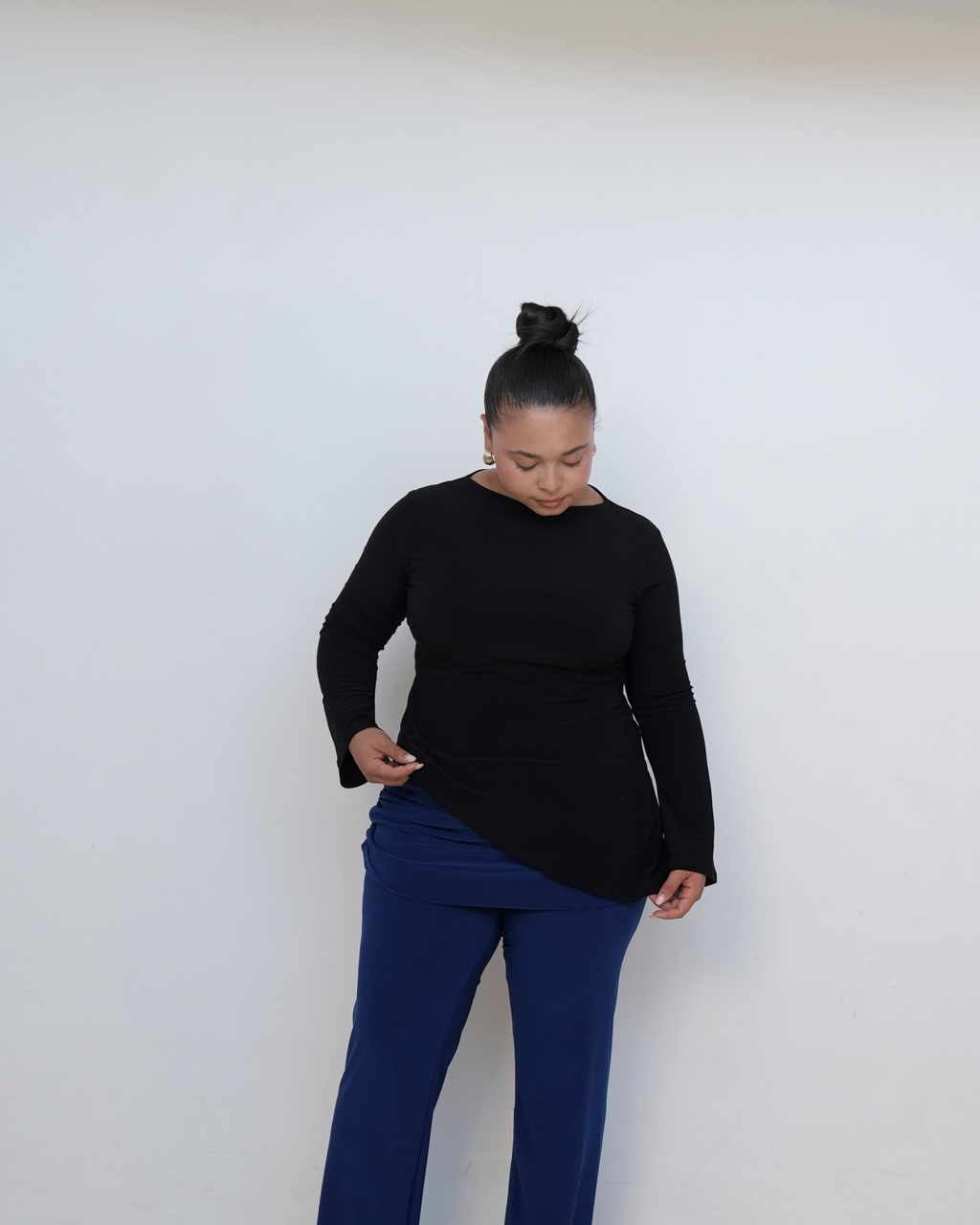 Black Smooth Asymmetrical Bell Sleeve Top