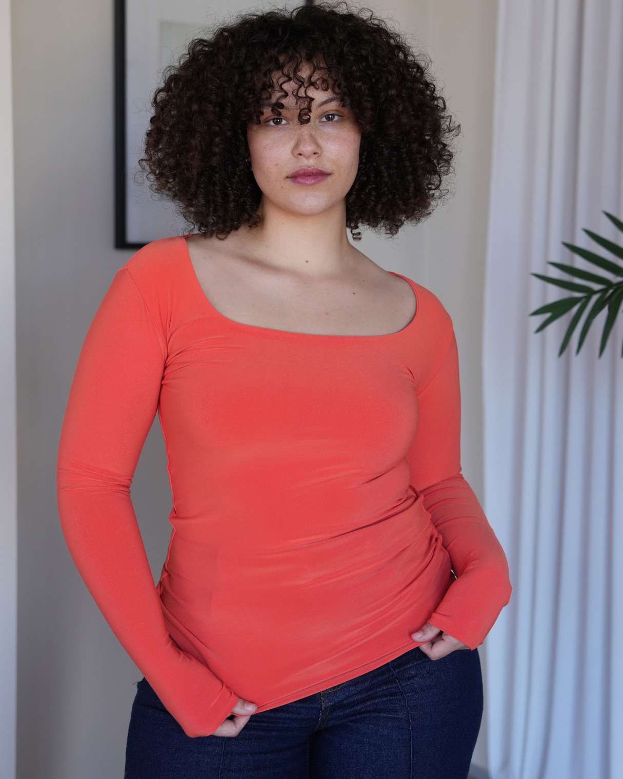 M | Orange Square Neck Long Sleeved Top
