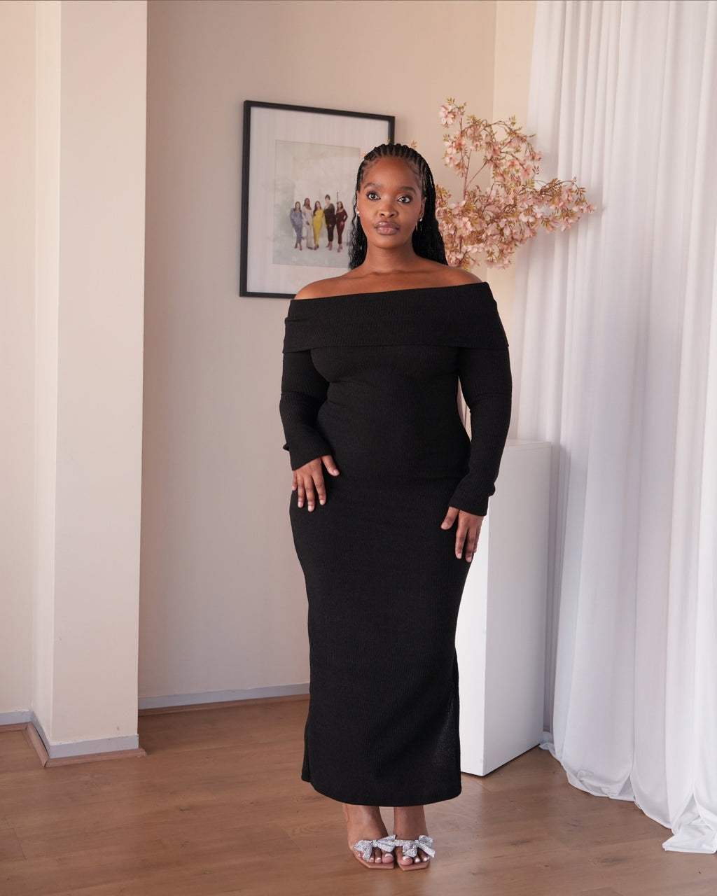 S | Charcoal Knit Off-Shoulder Dress