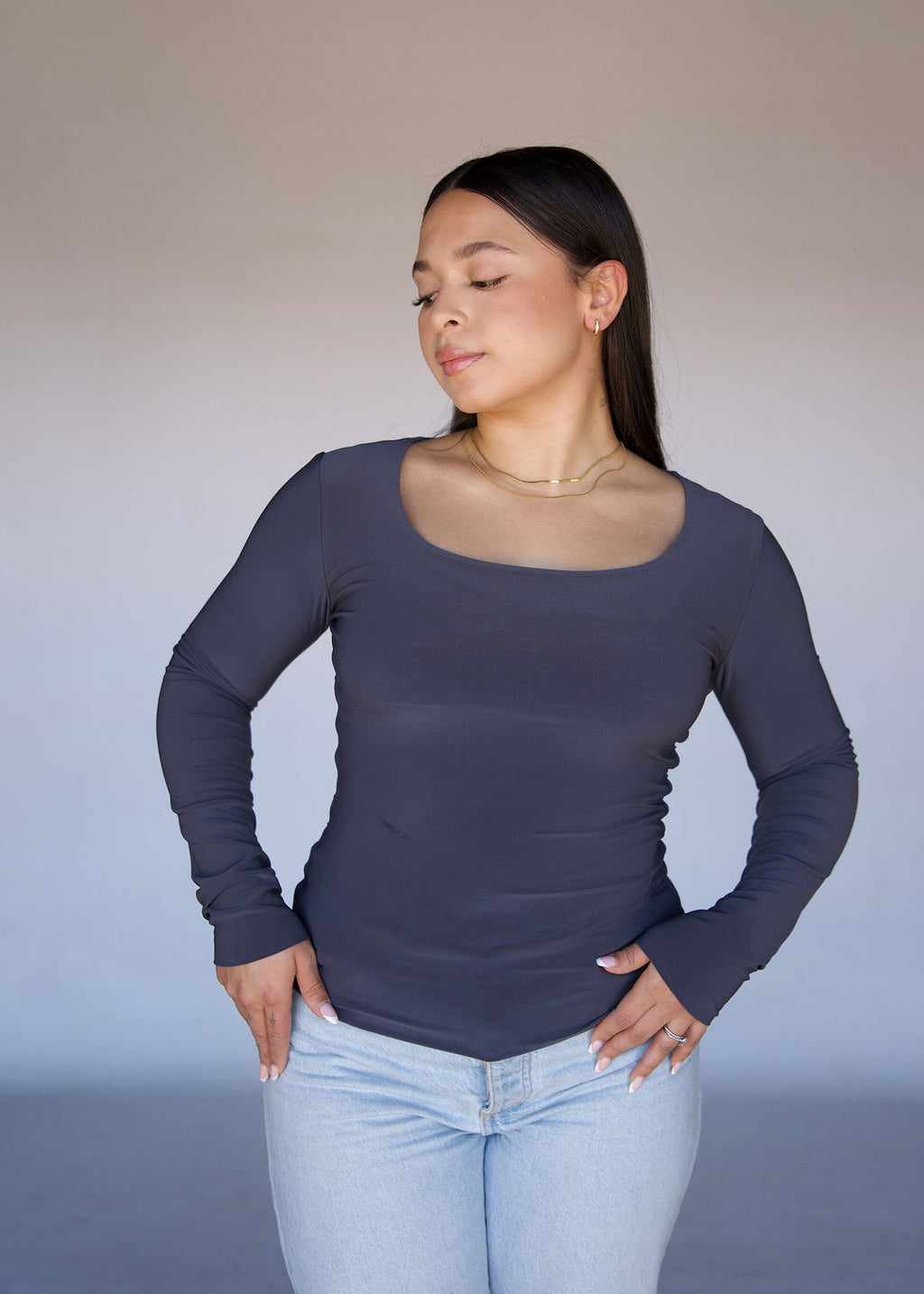 Grey Square Neck Long Sleeved Top
