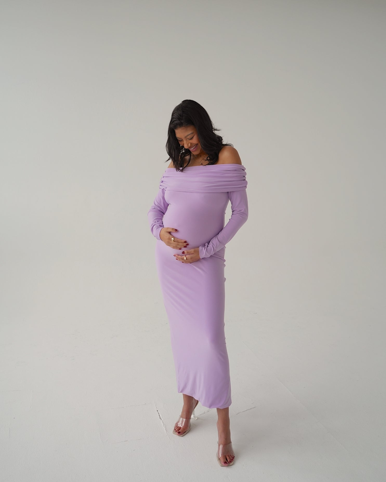 Lilac Bardot Sculpted Dress with Long Sleeves The Shopaholic Lilac Bardot Sculpted Dress with Long Sleeves The Shopaholic