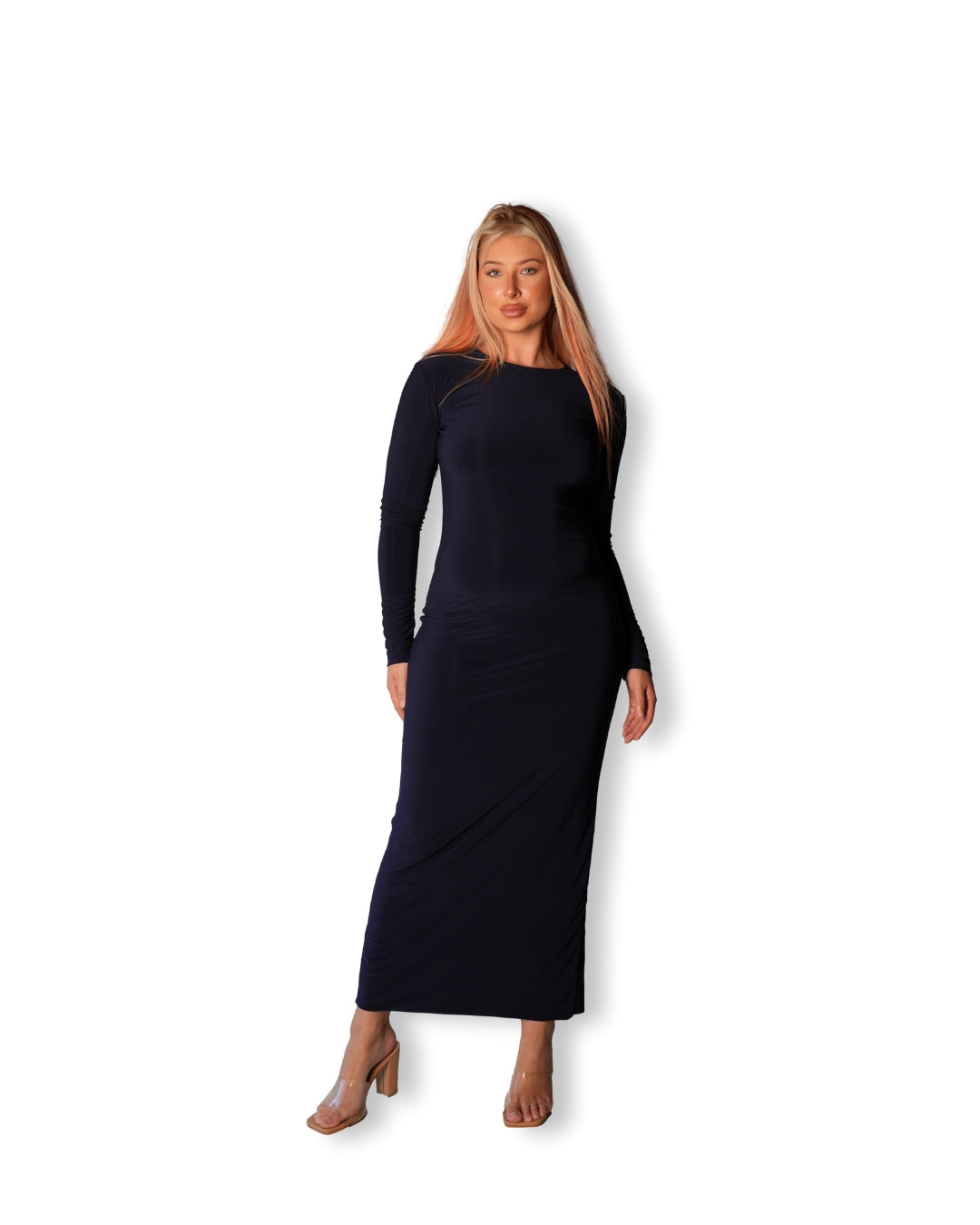 Navy Blue Crew-Neck Sculpted Dress with Long Sleeves