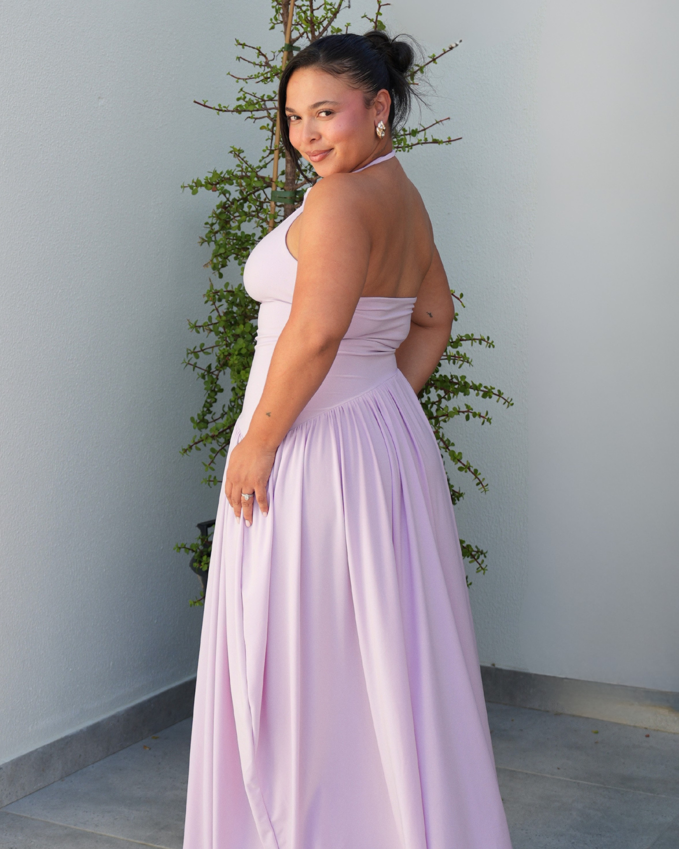 Light Lilac Halter Dress with Dropped Asymmetrical Waistline