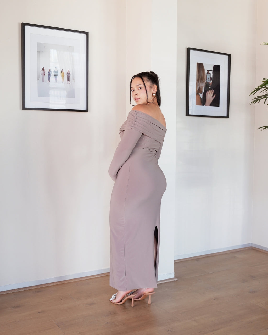 Mocha Bardot Sculpted Dress with Long Sleeves