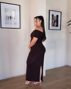 Chocolate Brown Off-shoulder Bardot Sculpted Dress