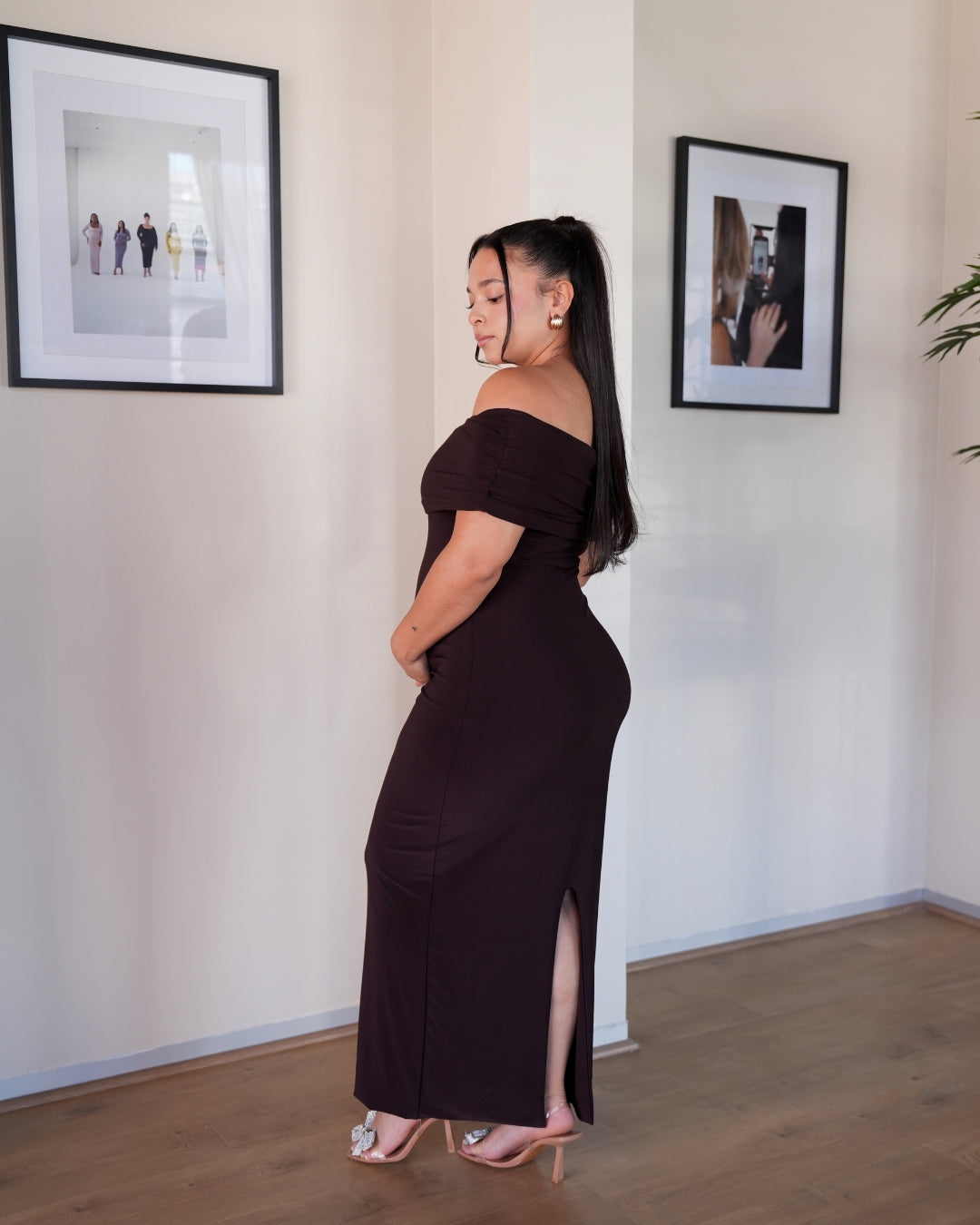 Chocolate Brown Off-shoulder Bardot Sculpted Dress