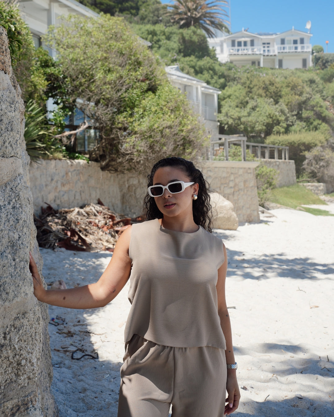 MEDIUM - Beige Crinkle Sleeveless Top