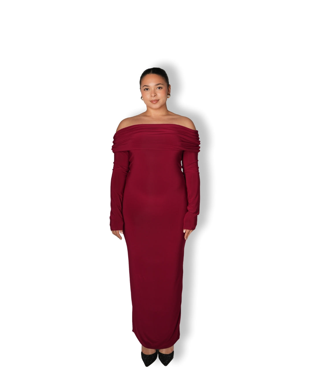 Maroon Bardot Sculpted Dress with Long Sleeves